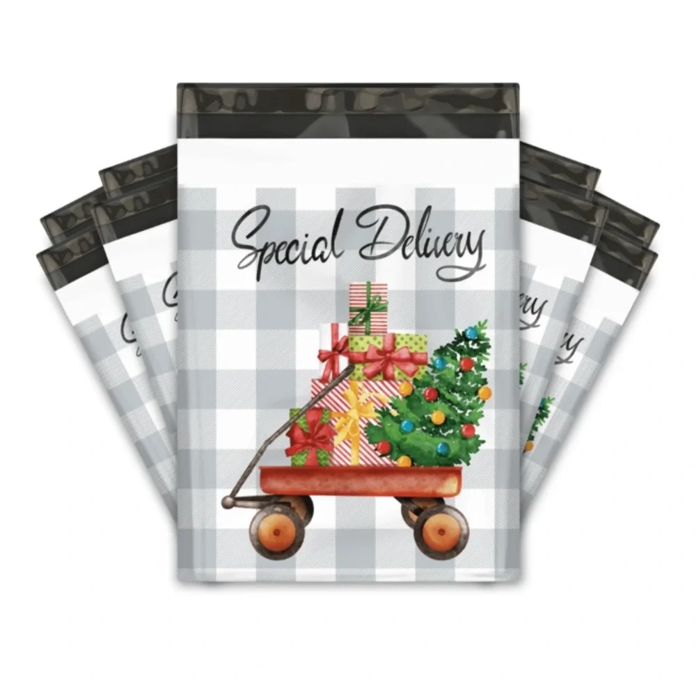 Set of 20 10x13 Christmas Wagon Poly Mailers Holiday Shipping Gift Packages Red